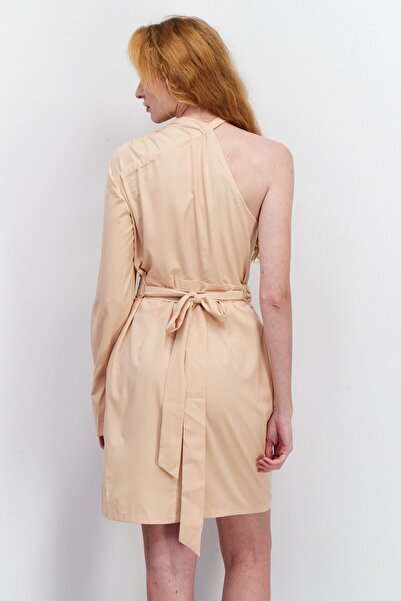 NA-KD Women Asymmetrical Neckline Long Sleeves Casual Mini Dress, Peach