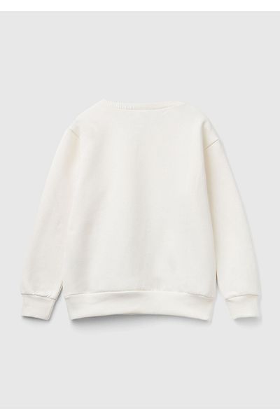 United Colors of Benetton Boy's Ecru Logo Sticker Mickey Mouse Printed Sweatshirt