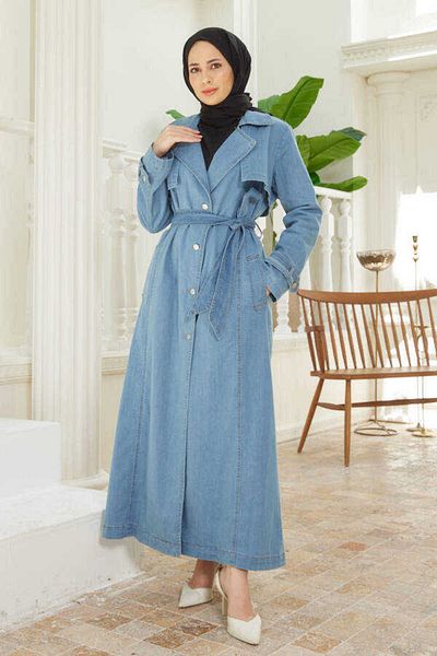 Neways 6458-Battal Blue Denim Trench Coat - Allers