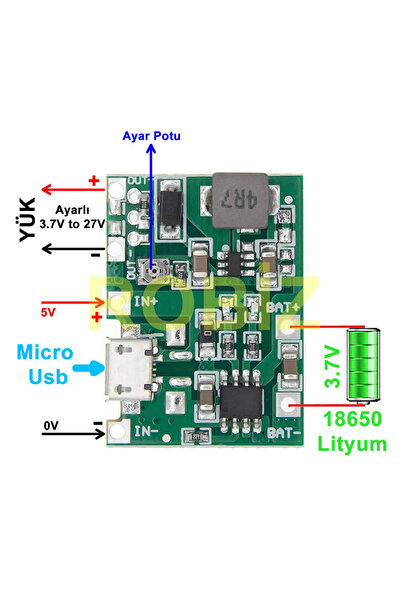 Genel Markalar Tp4056 18650 Lityum Pil Şarj Micro Usb Ayarlı Voltaj Yükseltici 3-7v To 27v Boost Step Up Lion Akü