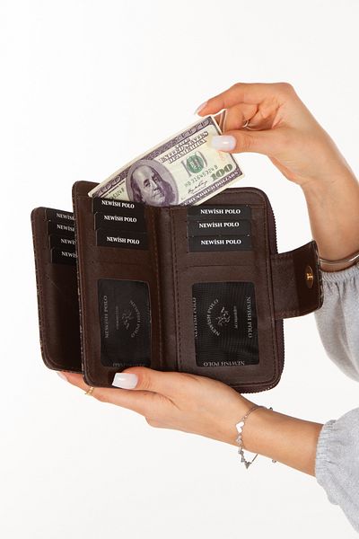 Newish Women's Patterned Brown Wallet Card Holder with Paper Money CompartmentUseful Multi-Compartment Np Daily