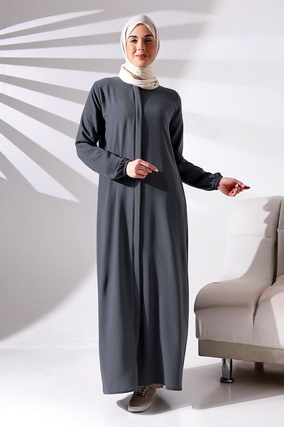 ihvanonline Anthracite Plain Hidden Zippered Aveze Hajj Umrah Hijab Ferace