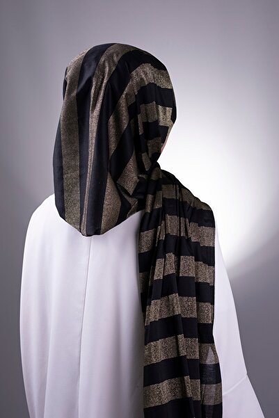 HÜRREM BONE Țesătură din viscoză de șal clasic auriu simplu cu dungi sclipici 202100_03