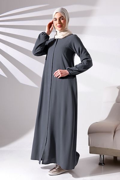 ihvanonline Anthracite Plain Hidden Zippered Aveze Hajj Umrah Hijab Ferace