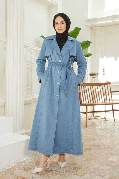 Neways 6458-Battal Blue Denim Trench Coat - Allers