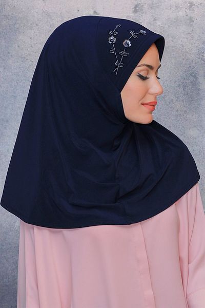 HÜRREM BONE Navy Blue Practical Ready-Made Hijab Κασκόλ Άμμο Ύφασμα Χειροποίητο Λουλούδι Κεντημένη Παγιά 1604_02