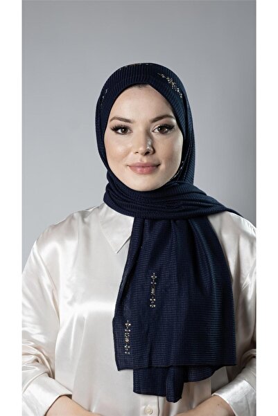 HÜRREM BONE Țesătură tricotată șal cu hijab practic albastru bleumarin, cu st...