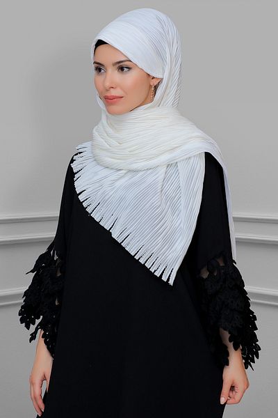 HÜRREM BONE Cream Back Tied Hijab Scarf Cut Fiber Pleated Fringed Laser Cut 1919_40