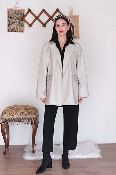 Ceylan Otantik Stone Leather Jacket & Black Crepe Pipe Leg Trousers