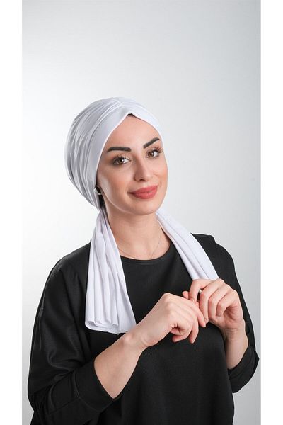 HÜRREM BONE White Practical Ready-made Interlaced Hijab Bonnet Cut Fiber Plain 2111_42
