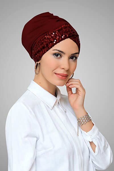HÜRREM BONE Bordo Pratik Hazır Geçmeli Tesettür Bone Sandy Kumaş Pullu Tek Çapraz 1907_16