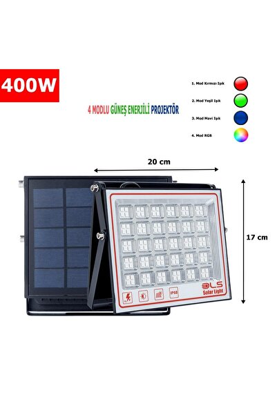 DLS 400 SOLAR 5 MODLU GÜNEŞ ENERJİLİ LED PROJEKTÖR  MAVİ YEŞİL KIRMIZI VE RGB RENK AYDINLATMA
