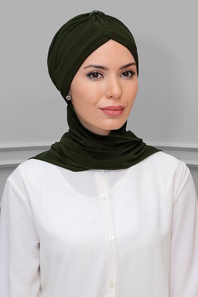 HÜRREM BONE Χακί Πρακτικό έτοιμο κουμπωτό μαντήλι Hijab Bonnet από υφασμάτινο κορώνα κορδόνι σιφόν 1208a_09