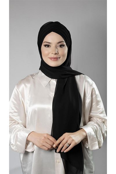 HÜRREM BONE Black Practical Ready-made Interlocking Bonnet Shawl Chiffon Self-bonded Three-Striped 1451_01