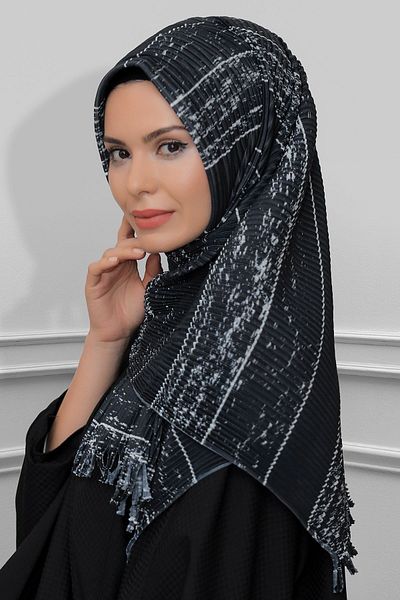 HÜRREM BONE Καπνιστό πρακτικό έτοιμο κασκόλ Hijab κομμένο με ίνες πλισέ ριγέ μοτίβο 1818d2_25