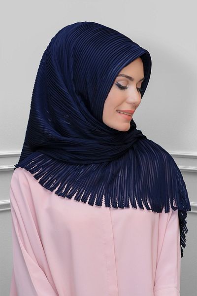 HÜRREM BONE Μπλε ναυτικό δέσιμο πίσω μαντήλι Hijab κομμένο με ίνες πτυχωτό κρόσσι κοπή με λέιζερ 1918_02