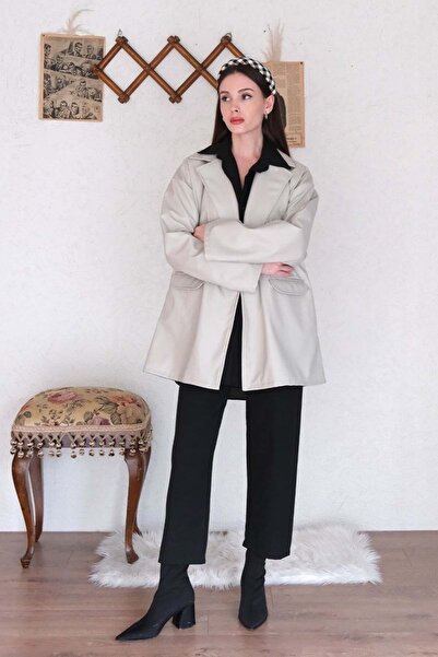 Ceylan Otantik Stone Leather Jacket & Black Crepe Pipe Leg Trousers