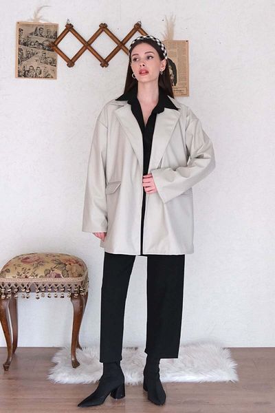 Ceylan Otantik Stone Leather Jacket & Black Crepe Pipe Leg Trousers