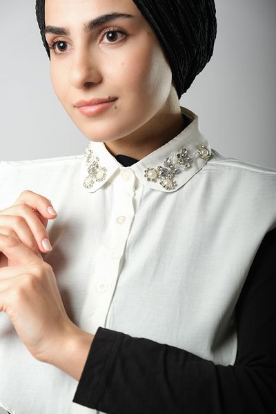 HÜRREM BONE Cream Shirt Collar Neck Collar Terikoton Rhinestoned Flower Pattern 1016_40