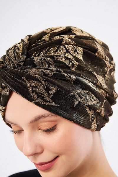 HÜRREM BONE Black Glittered Gathered Hijab Bonnet Jacquard Floral Pattern 2317_01