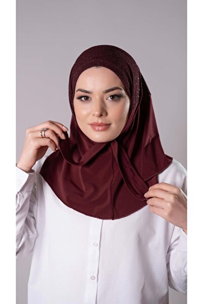 HÜRREM BONE وشاح حجاب عملي جاهز باللون الأحمر الداكن من قماش ساندي مع أزرار خ...