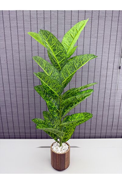 Bahçem Yapay Çiçek Difenbahya Tropik 23 Yapraklı 85 Cm Salon Çiçeği Ahşap Saksılı Yapay Bitki