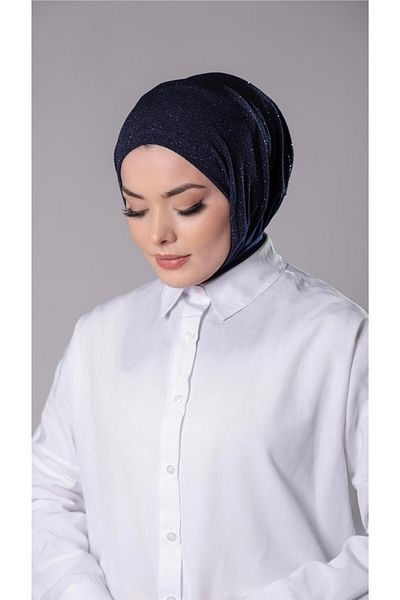 HÜRREM BONE Navy Blue Practical Ready-Made Hijab Κασκόλ Άμμο ύφασμα με κουμπώματα στην πλάτη 2206_02