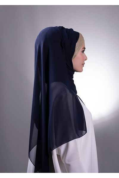 HÜRREM BONE Bleumarin-auriu șal legat la spate șifon cu trei dungi sclipici plisat 1835_0202