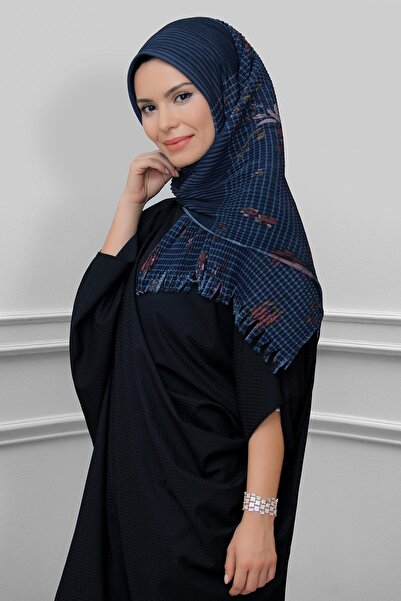 HÜRREM BONE Lacivert Pratik Hazır Geçmeli Tesettür Eşarp Kesik Elyaf Piliseli...