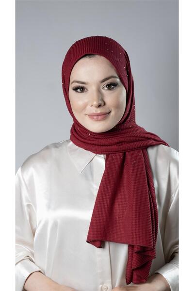 HÜRREM BONE شال حجاب عملي سهل التركيب باللون العنابي، قماش محبوك بنمط حجري 21...