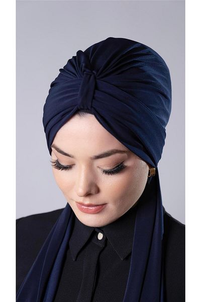 HÜRREM BONE Navy Blue Practical Ready-made Interlocking Hijab Bonnet with Sandy Fabric Scarf 2204_02