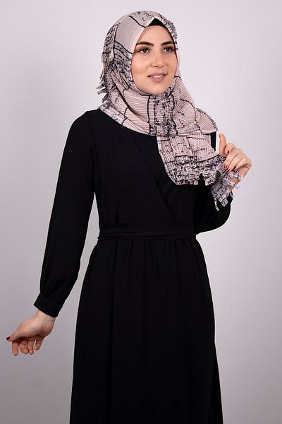 HÜRREM BONE Pulbere Practică, gata de fabricație, eșarfă hijab interconectată Fibră discontinuă plisată cu model 1818d2_06