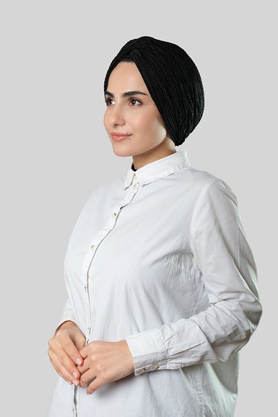 HÜRREM BONE Μαύρος Σταυρός Μαζευμένος Πλισέ Hijab Bonnet Fukuro Self Patterned 2316_01