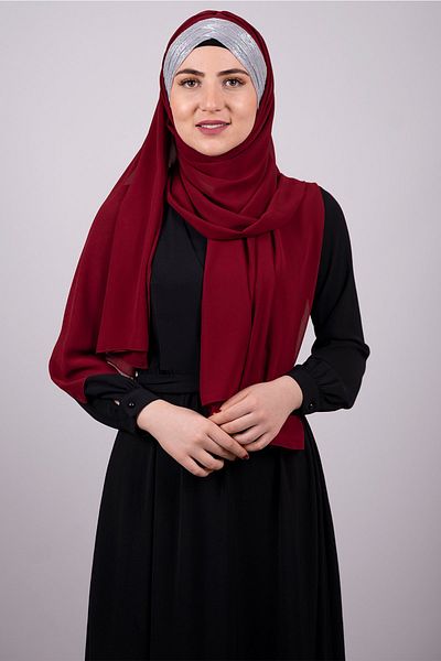 HÜRREM BONE Bordeaux-argintiu Șal legat la spate șifon cu trei dungi sclipici plisat 1835_1601
