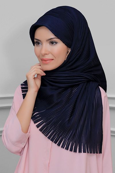 HÜRREM BONE Μπλε ναυτικό δέσιμο πίσω μαντήλι Hijab κομμένο με ίνες πτυχωτό κρόσσι κοπή με λέιζερ 1919_02
