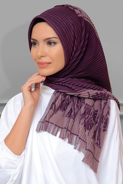 HÜRREM BONE Plum Practical Ready-Made Hijab Κασκόλ με κομμένες ίνες Πλισέ με λουλουδάτο μοτίβο 1818d3_07