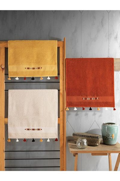 Cotton Box 4612-Cb Towel Set Fit 3-Piece Tassel Curl V-1 (Coral-Mustard-Beige)