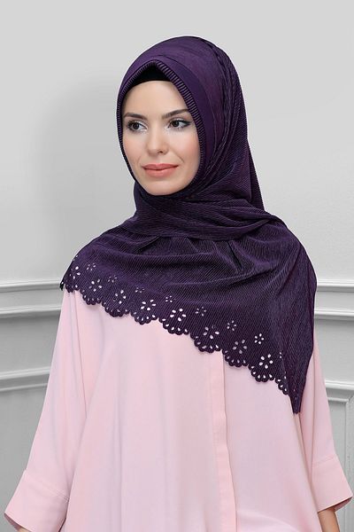HÜRREM BONE Plum Practical Ready-Made Hijab Κασκόλ Fukuro Πλισέ με λουλουδάτο μοτίβο κοπής με λέιζερ 1827_07