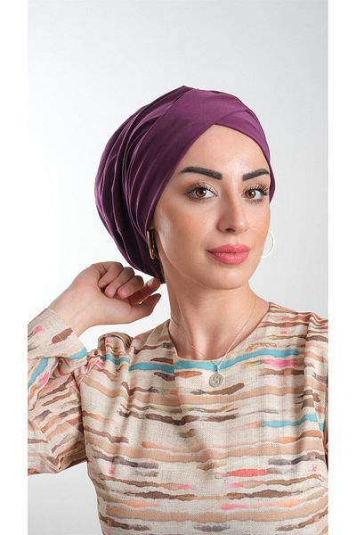 HÜRREM BONE Plum Practical Ready-Made Hijab Bonnet Αμμώδες ύφασμα με κορδόνι 2114_07