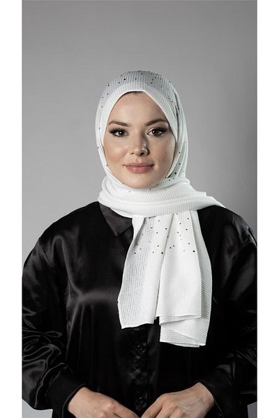 HÜRREM BONE Șal Hijab alb, practic, gata de fixare, țesătură tricotată, model de piatră 2118T_42