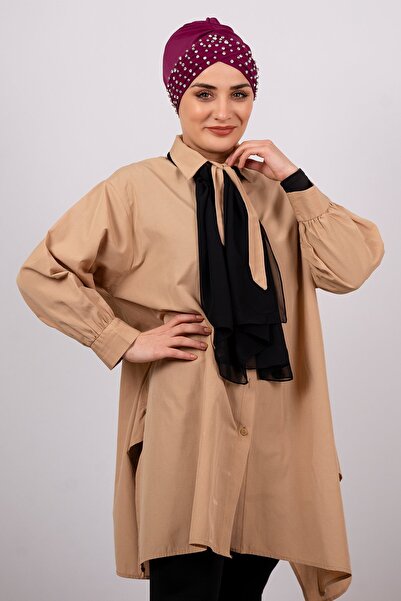 HÜRREM BONE خمري عملي جاهز للحجاب المتشابك قماش رملي عظمي مع حجر 1456_08