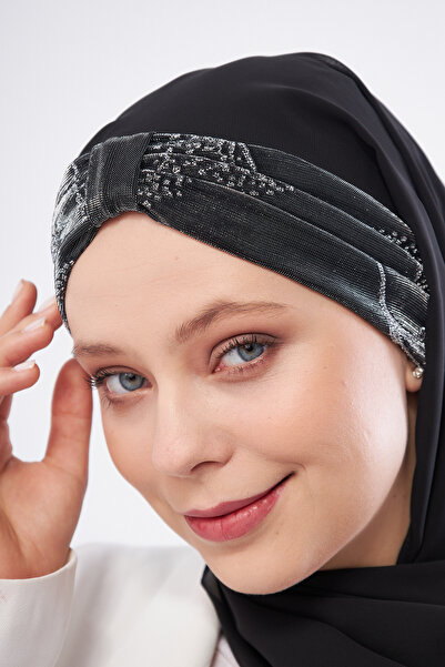 HÜRREM BONE Flower Patterned Gray Lurex Chiffon Shawl - Tie Back 2318_15