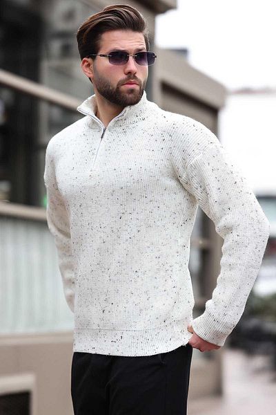 Madmext Ecru Zipper Collar Knitwear Men's Sweater E7295
