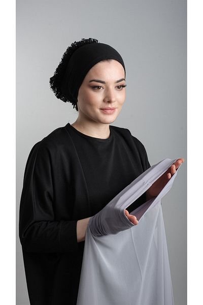 HÜRREM BONE Gray Practical Ready-made Interlocking Shawl Chiffon Pipe Bonnet 3001_15