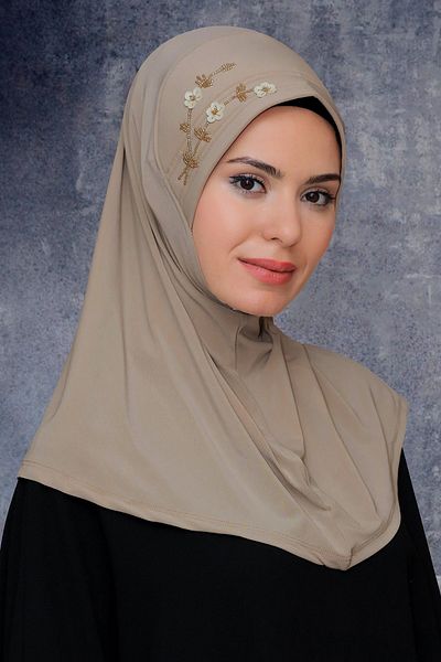 HÜRREM BONE Μπεζ Πρακτικό έτοιμο στο χέρι μαντήλι Hijab Άμμο ύφασμα χειροποίητο λουλούδι κεντημένη παγιέτα 1604_12