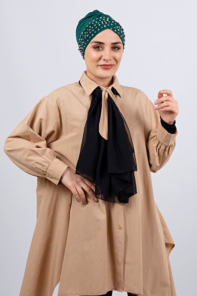 HÜRREM BONE زمرد عملي حجاب متشابك جاهز قماش رملي عظمي مع احجار 1456_37