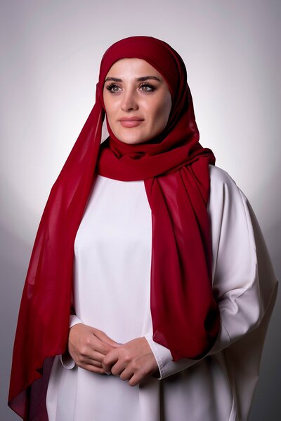 HÜRREM BONE Claret Red Practical Ready-made Interlaced Bonnet Shawl Chiffon C...