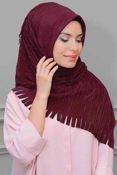 HÜRREM BONE وشاح حجاب متداخل عملي أحمر كلاريت فوكورو مطوي ومهدب مقطوع بالليزر...