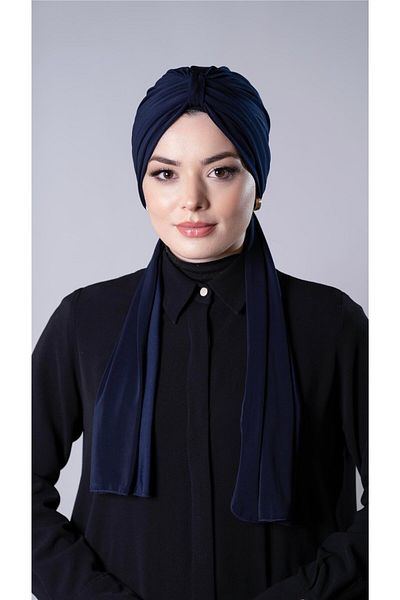 HÜRREM BONE Navy Blue Practical Ready-made Interlocking Hijab Bonnet with Sandy Fabric Scarf 2204_02