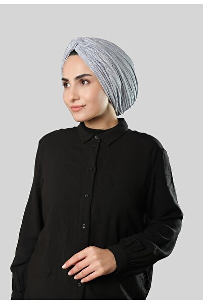 HÜRREM BONE Gri Çapraz Büzgülü Piliseli Tesettür Bone Fukuro Kendinden Desenli 2316_15